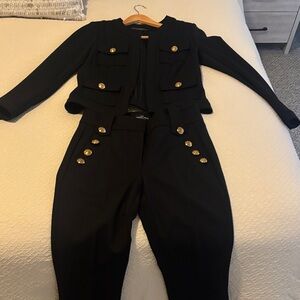 Black Two-Piece Tailored Jacket & High-Waist Pants with Gold Buttons